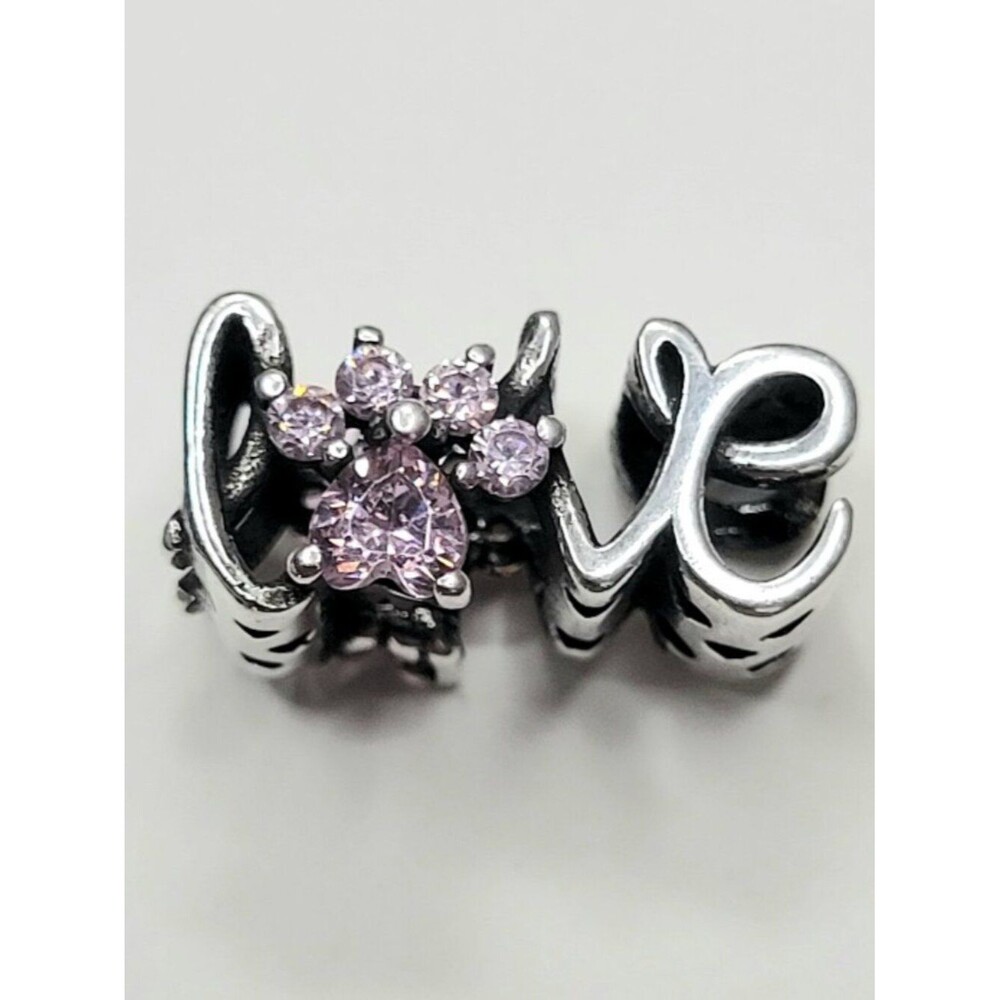 NWT For Pandora Charm Bracelets Dog Paw Cat Paw LOVE Silver With Pink Crystals